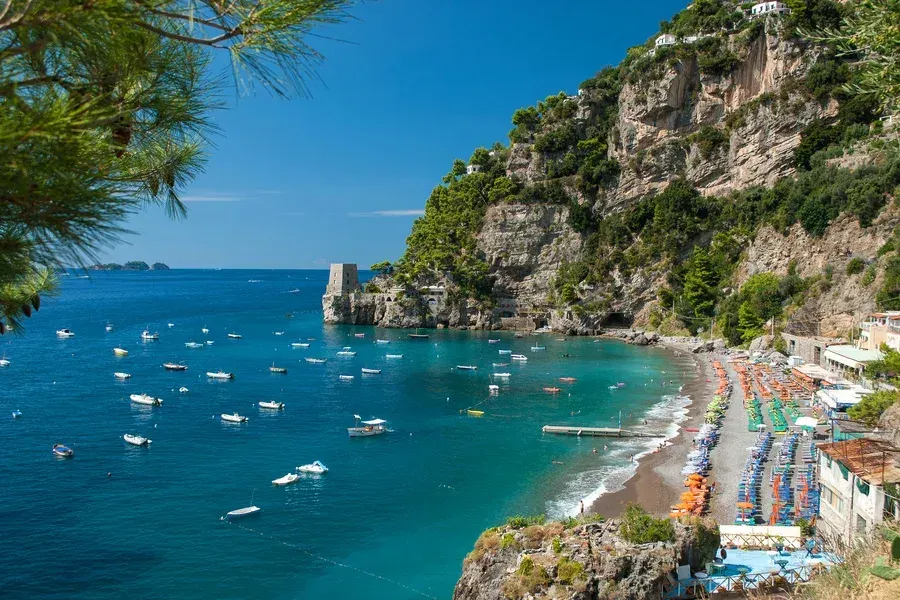 Cerulean waters of Fornillo Beach in Positano, Italy.